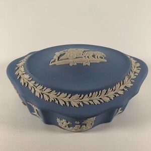 Wedgwood Blue Jasperware Scalloped Oval Trinket Box Chariot & Horses Lid